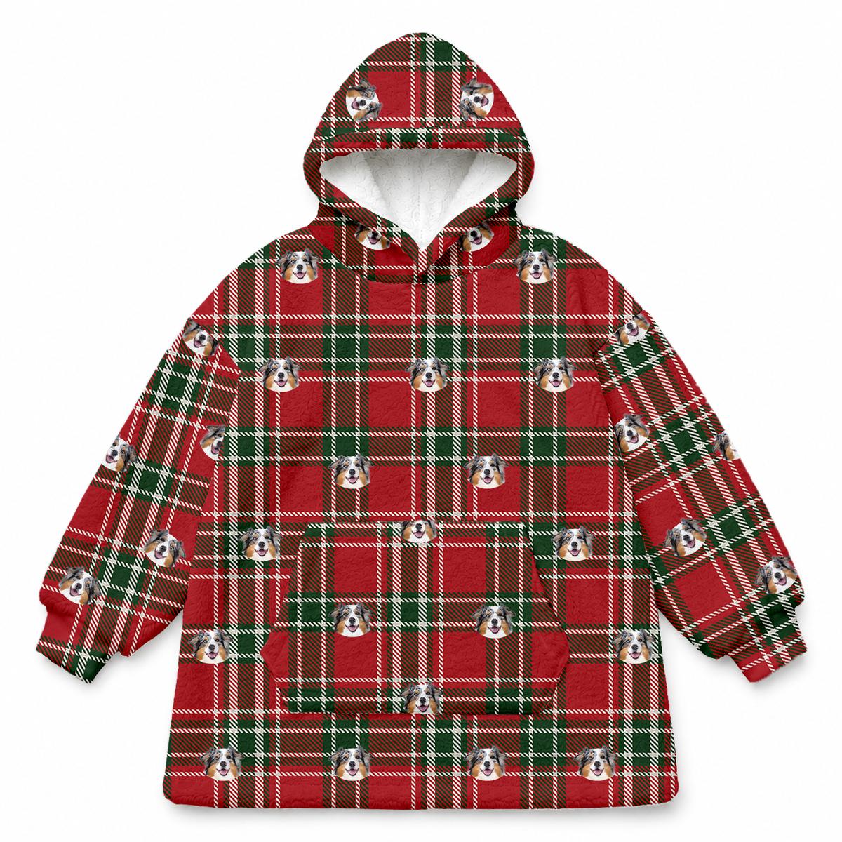 This is a fleece blanket hoodie in a Christmas Plaid print with repeating pet faces on it[ChristmasPlaidFleeceBlanketHoodie]