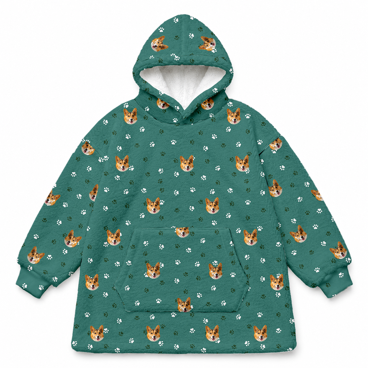 This is a fleece blanket hoodie in a Green Paws print with repeating pet faces on it[GreenPawsFleeceBlanketHoodie]