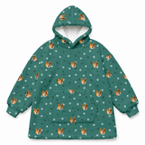This is a fleece blanket hoodie in a Green Paws print with repeating pet faces on it[GreenPawsFleeceBlanketHoodie]