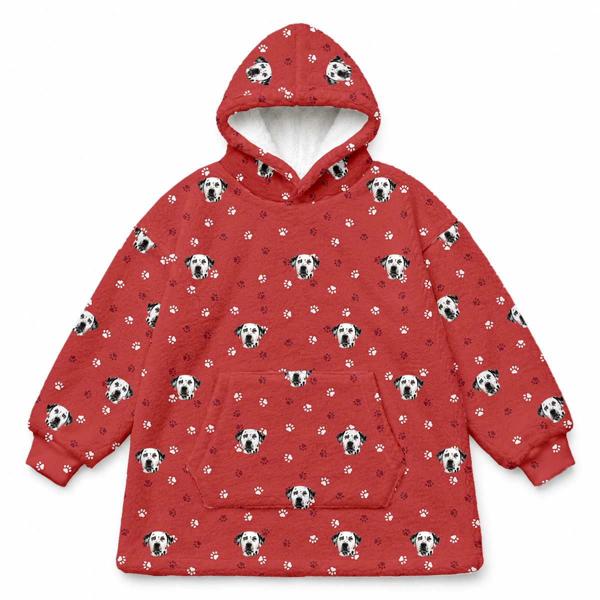 This is a fleece blanket hoodie in a Red Paws print with repeating pet faces on it[RedPawsFleeceBlanketHoodie]
