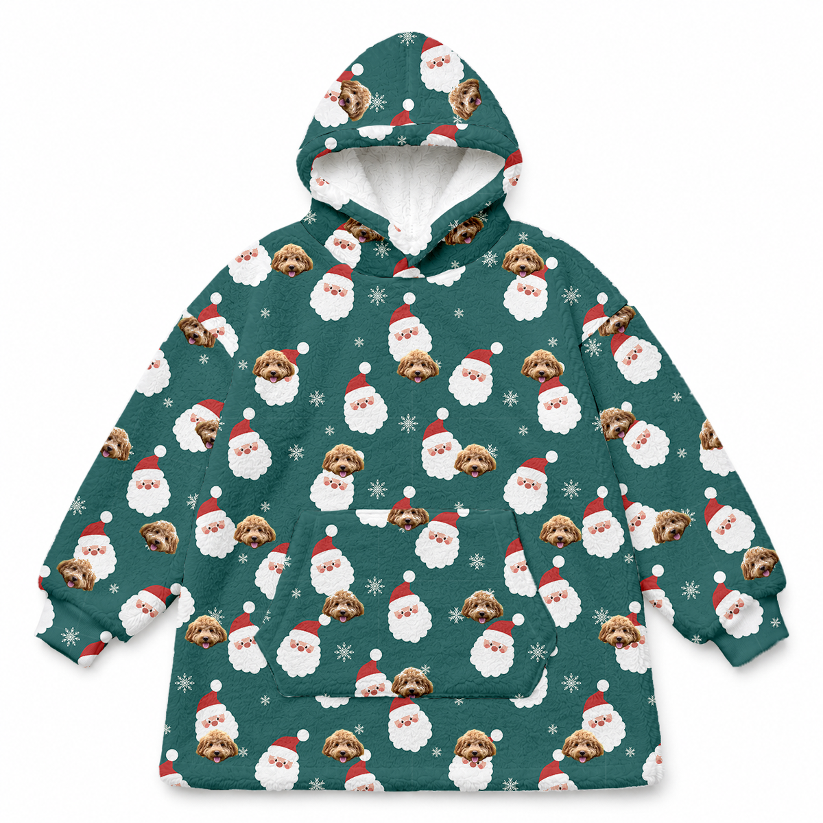 This is a fleece blanket hoodie in a Santa print with repeating pet faces on it[SantaFleeceBlanketHoodie]