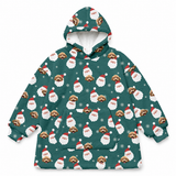 This is a fleece blanket hoodie in a Santa print with repeating pet faces on it[SantaFleeceBlanketHoodie]