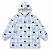 This is a fleece blanket hoodie in a Snowy Gingham print with repeating pet faces on it[SnowyGinghamFleeceBlanketHoodie]
