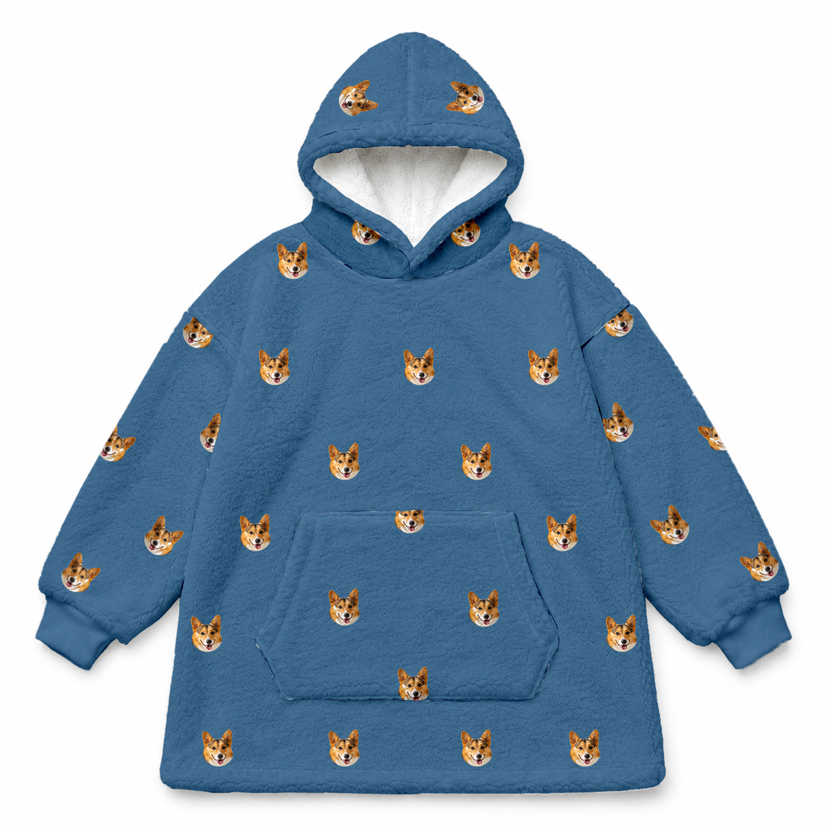This is a fleece blanket hoodie in a Solid Blue print with repeating pet faces on it[SolidBlueFleeceBlanketHoodie]