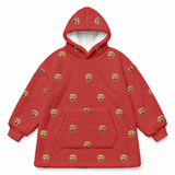 This is a fleece blanket hoodie in a Solid Red print with repeating pet faces on it[SolidRedFleeceBlanketHoodie]