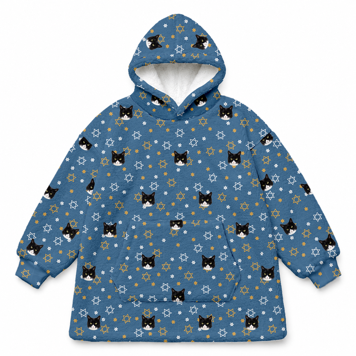 This is a fleece blanket hoodie in a Star of David print with repeating pet faces on it[StarofDavidFleeceBlanketHoodie]