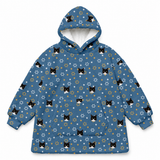 This is a fleece blanket hoodie in a Star of David print with repeating pet faces on it[StarofDavidFleeceBlanketHoodie]