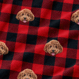 Close-up of the Buffalo Plaid print showing custom pet faces on a red and black buffalo check fabric