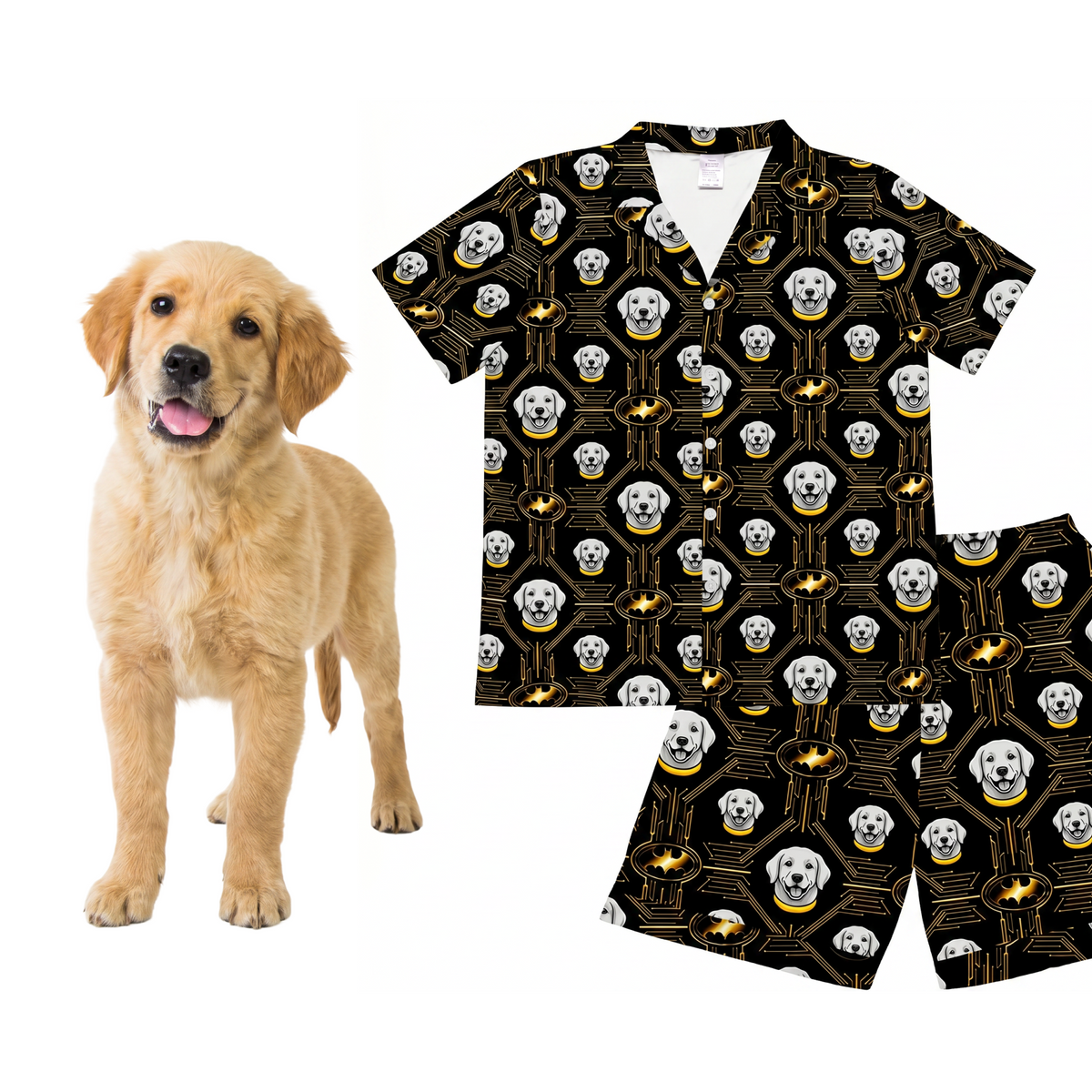 Dog pajama set with a pattern of dogs on a black background, next to a golden retriever.