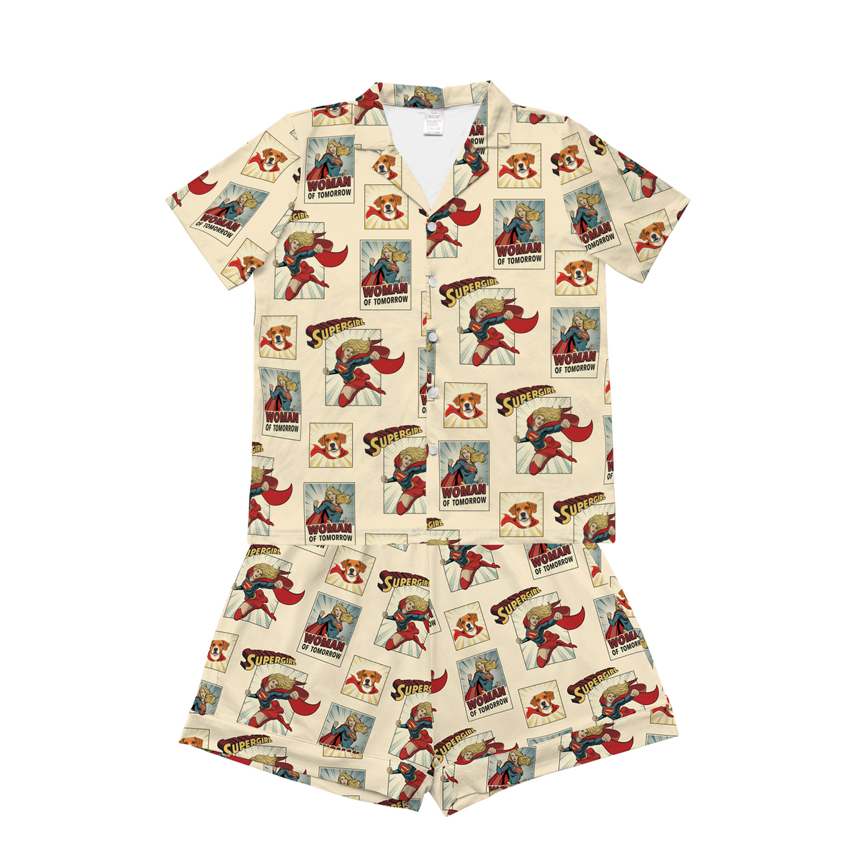Pajama set with beige superhero design on a white background