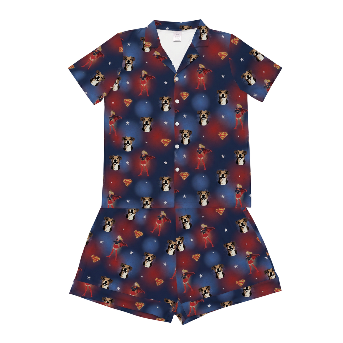 Children's pajama set with superhero-themed dog print on a blue background