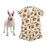 Beige outfit with superhero graphics on a white background