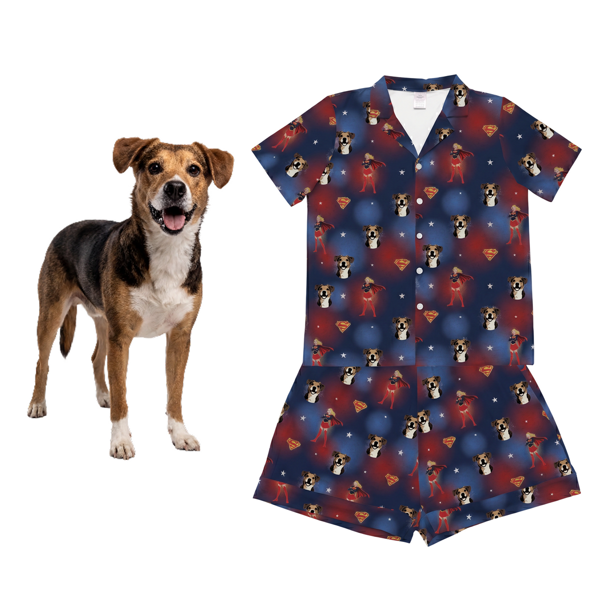 Dog next to a blue pajama set with red and white pattern on a white background
