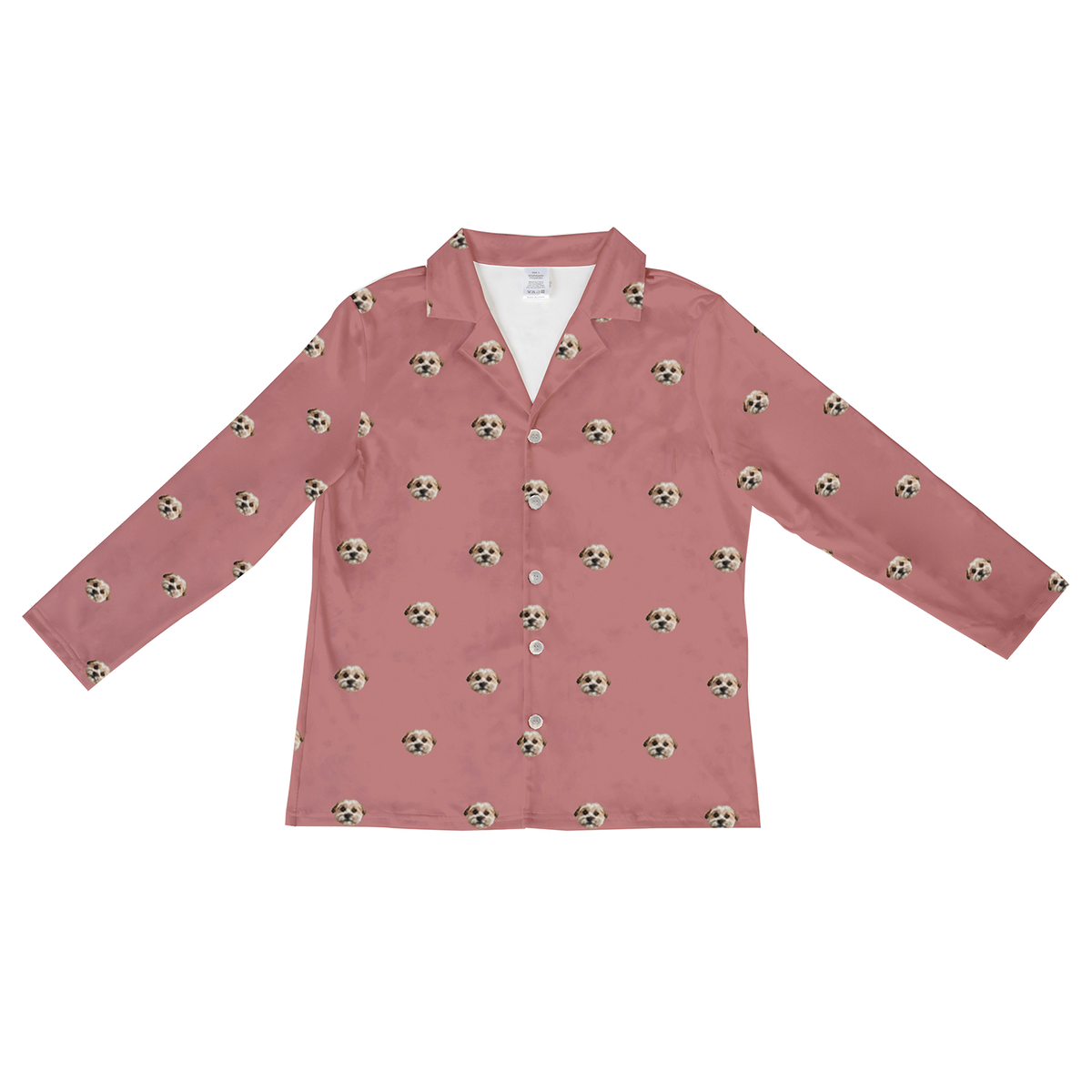 These are pajama long sleeve shirt in a dusty rose color with repeating pet faces on them[DustyRoseLongSleevePajamaShirt($53.00)]