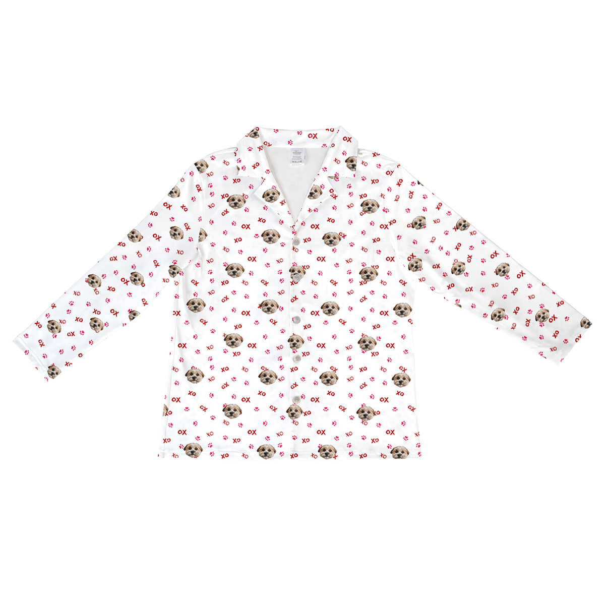 These are pajama long sleeve shirt in a white color with repeating pet faces on them[PawfectloveLongSleevePajamaShirt($53.00)]