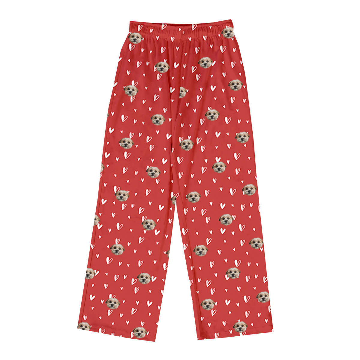 These are pajama pants in a red color with repeating pet faces on them[BeminePajamaPants($53.00)]