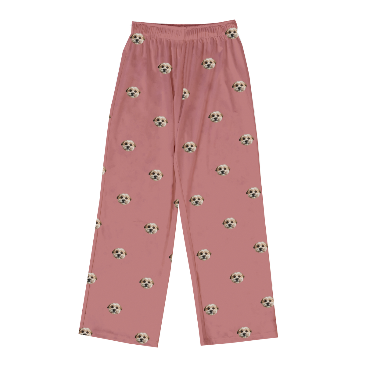These are pajama pants in a dusty rose color with repeating pet faces on them[DustyRosePajamaPants($53.00)]