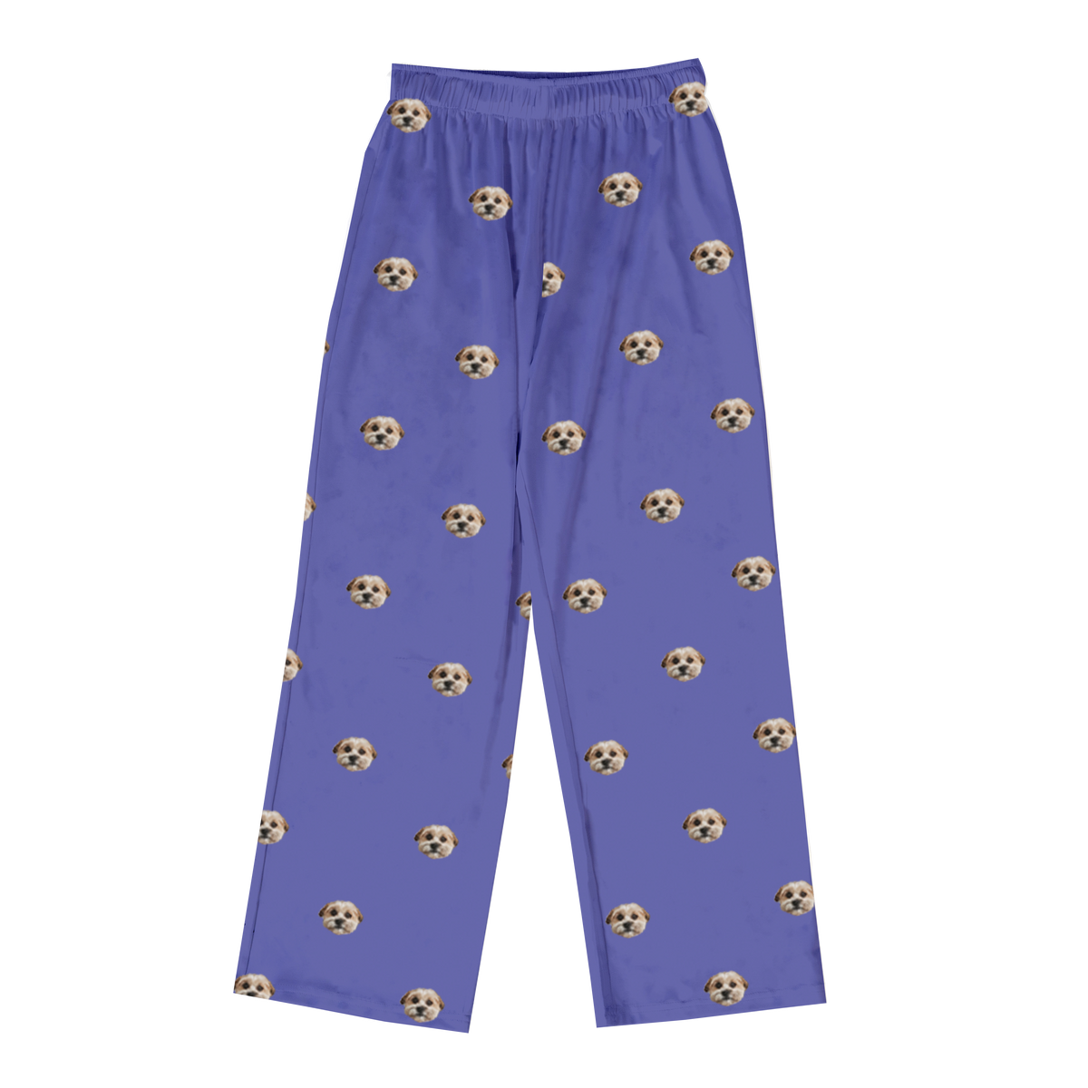 These are pajama pants in a violet color with repeating pet faces on them[GrapePajamaPants($53.00)]