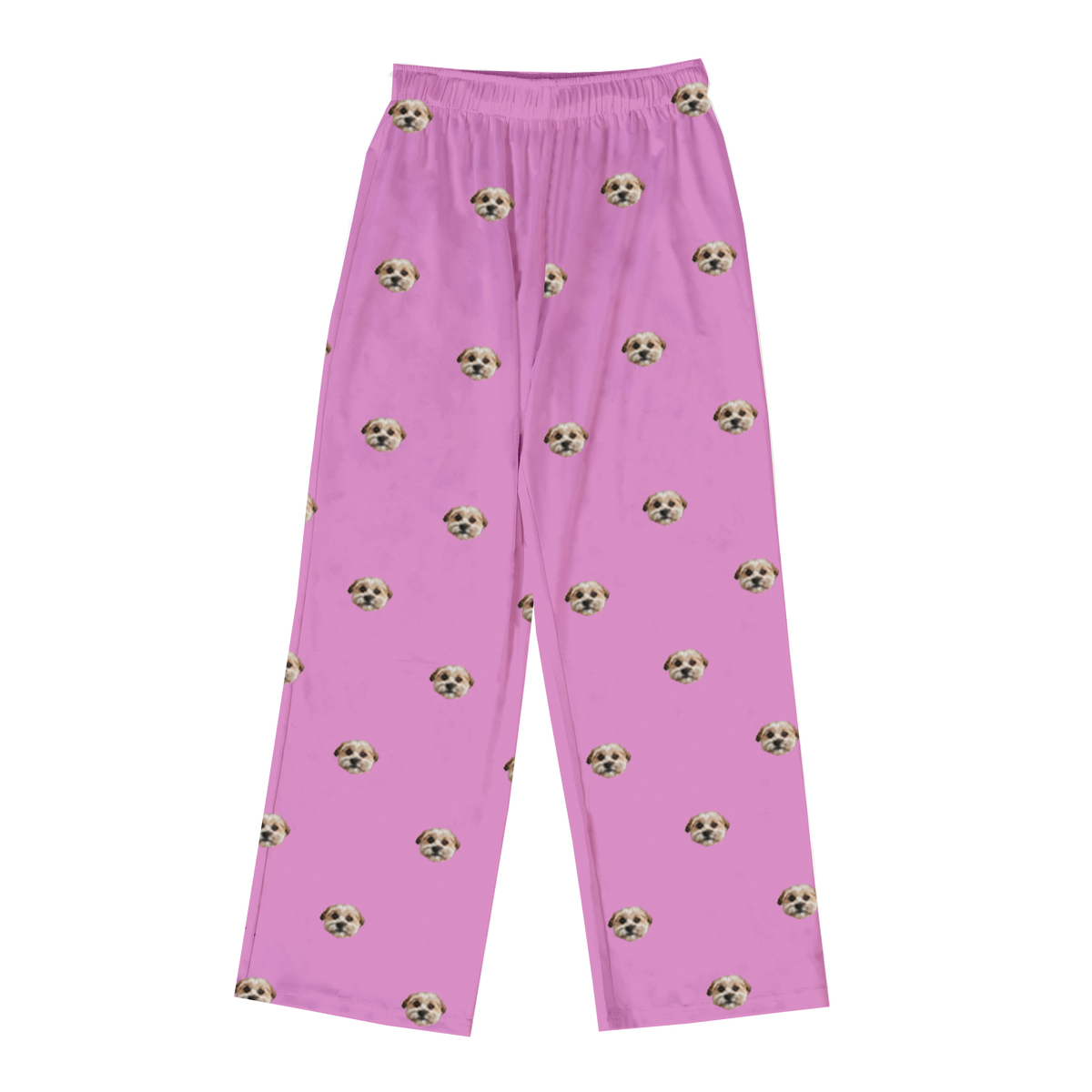 These are pajama pants in a orchid color with repeating pet faces on them[OrchidPajamaPants($53.00)]