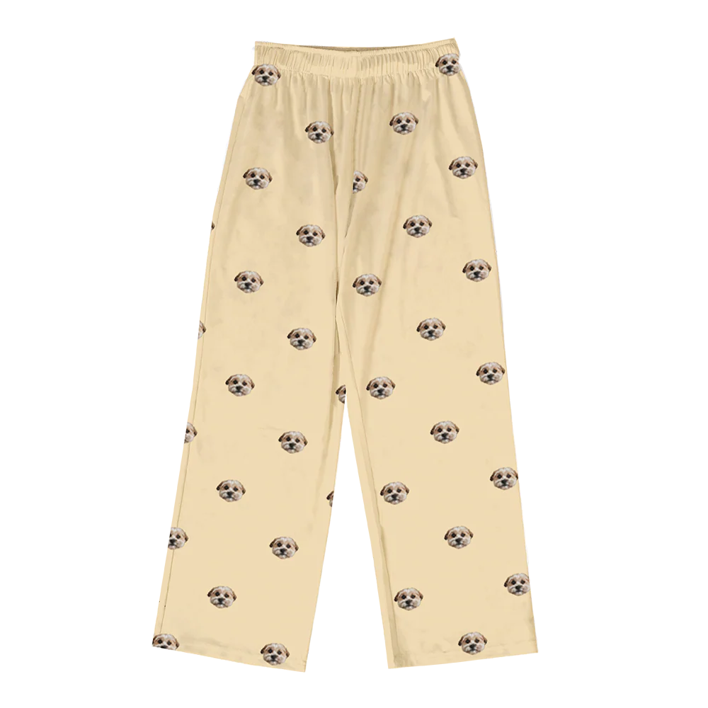 These are pajama pants in a yellow color with repeating pet faces on them[PajamaPants]