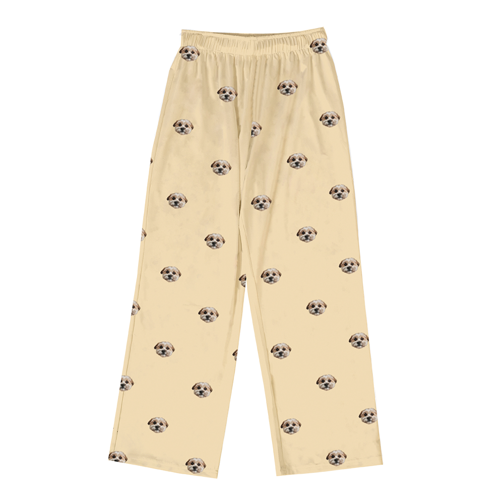 These are pajama pants in a butter yellow color with repeating pet faces on them[ButterYellowPajamaPants($53.00)]