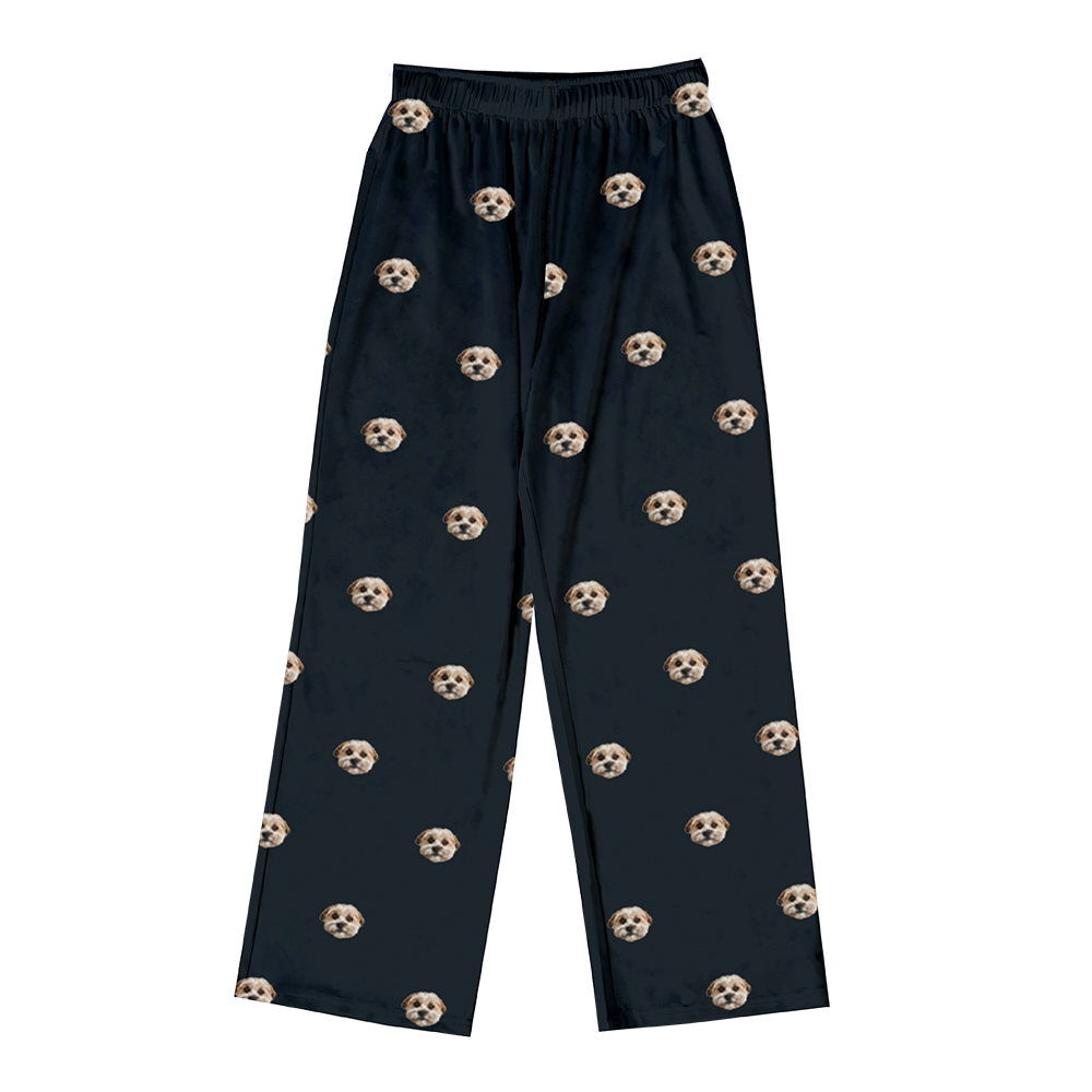 These are pajama pants in a black color with repeating pet faces on them[PajamaPants]