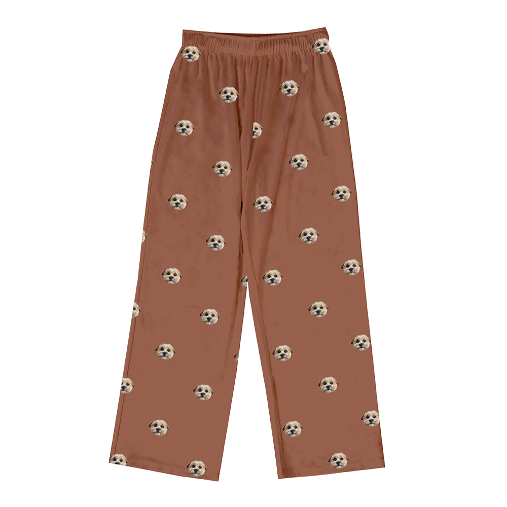 These are pajama pants in a brown color with repeating pet faces on them[PajamaPants($53.00)]