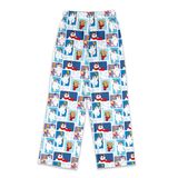 A pair of children's pajama pants featuring a repeating cartoon print of polar bears in winter outfits on a white background.