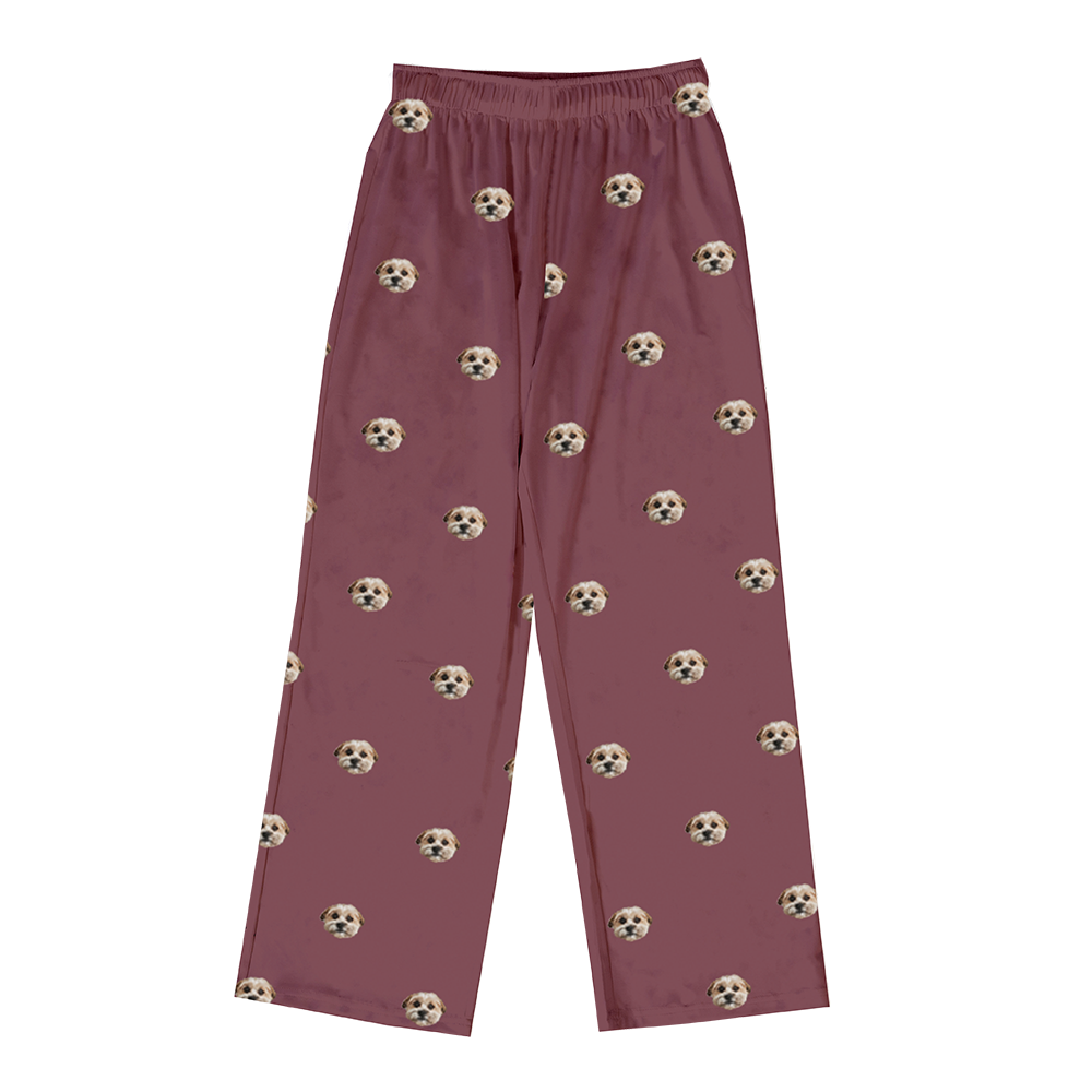 These are pajama pants in a maroon color with repeating pet faces on them[PajamaPants]