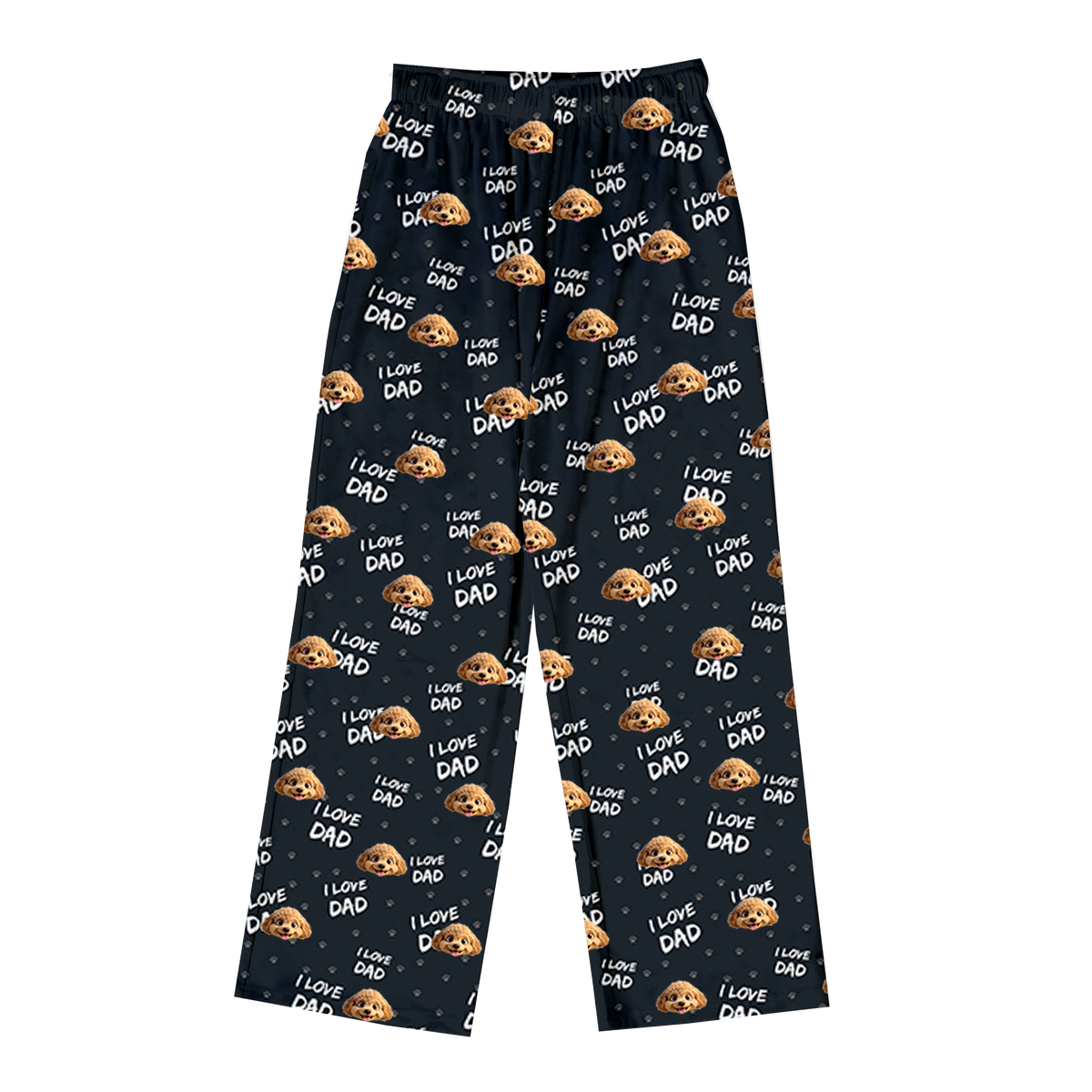 These are cartoon pajama pants in a black color with repeating pet faces on them[PajamaPants]
