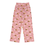 These are cartoon pajama pants in a pink color with repeating pet faces on them[PajamaPants]