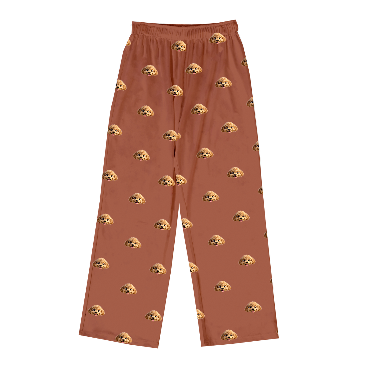These are cartoon pajama pants in a brown color with repeating pet faces on them[PajamaPants]