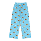 These are cartoon pajama pants in a light blue color with repeating pet faces on them[PajamaPants]