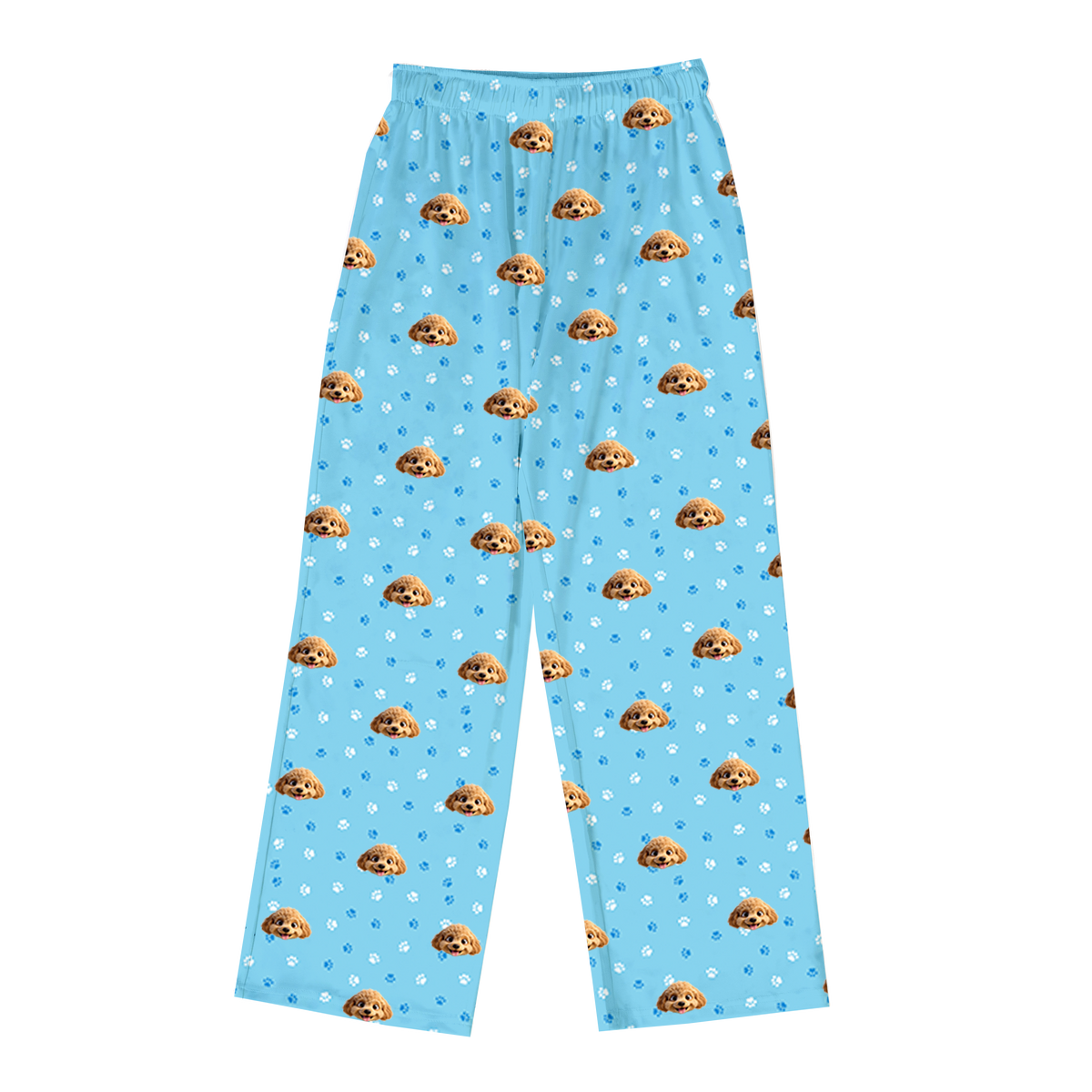 These are cartoon pajama pants in a light blue color with repeating pet faces on them[PajamaPants]