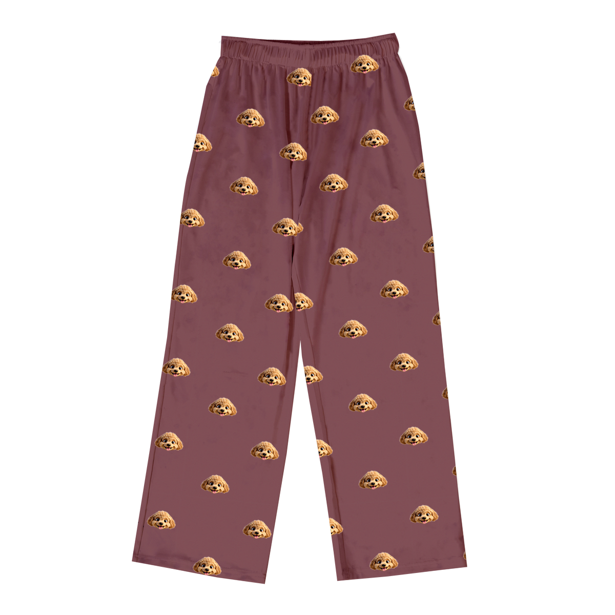 These are cartoon pajama pants in a maroon color with repeating pet faces on them[PajamaPants]