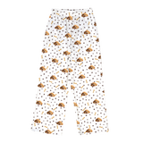 These are cartoon pajama pants in a white color with repeating pet faces on them[PajamaPants]