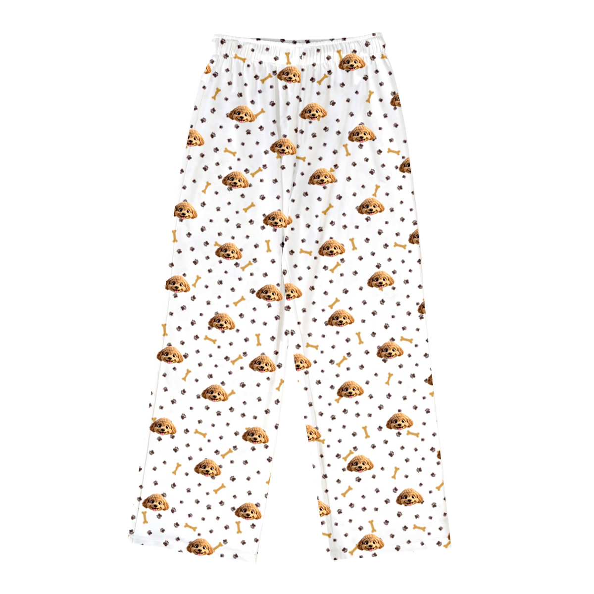 These are cartoon pajama pants in a white color with repeating pet faces on them[PajamaPants]