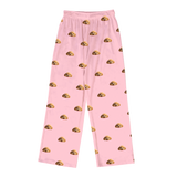 These are cartoon pajama pants in a pink color with repeating pet faces on them[PajamaPants]
