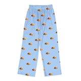 These are cartoon pajama pants in a sky blue color with repeating pet faces on them[PajamaPants]