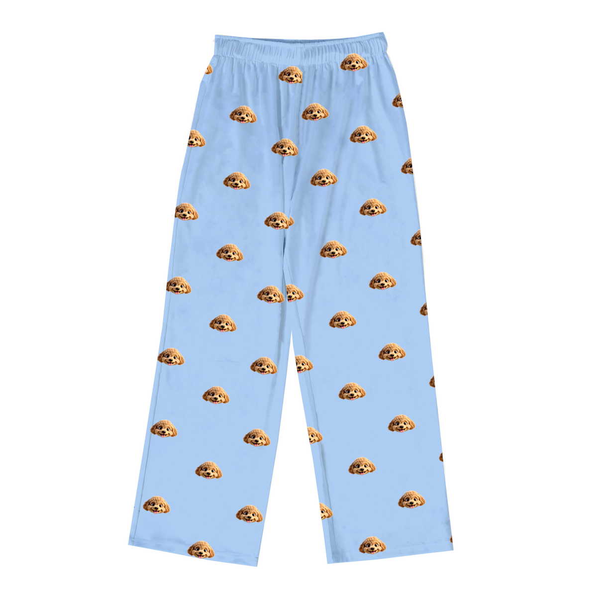 These are cartoon pajama pants in a sky blue color with repeating pet faces on them[PajamaPants]