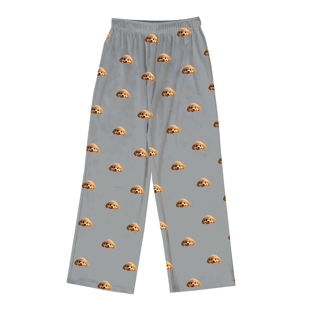 These are cartoon pajama pants in a gray color with repeating pet faces on them[PajamaPants]