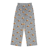 These are cartoon pajama pants in a gray color with repeating pet faces on them[PajamaPants]