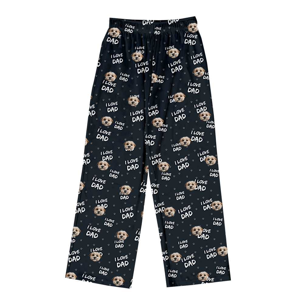 These are jogger pajama pants in a black color with repeating pet faces on them[JoggerPajamaPants]