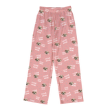Pink pajama pants with 'I love mom' and dog print on a white background