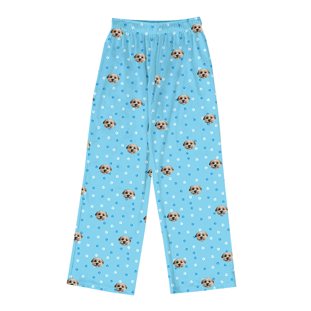 These are pajama pants in a blue color with repeating pet faces on them[PajamaPants]