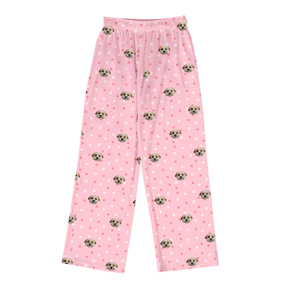 These are pajama pants in a pink color with repeating pet faces on them[PajamaPants]