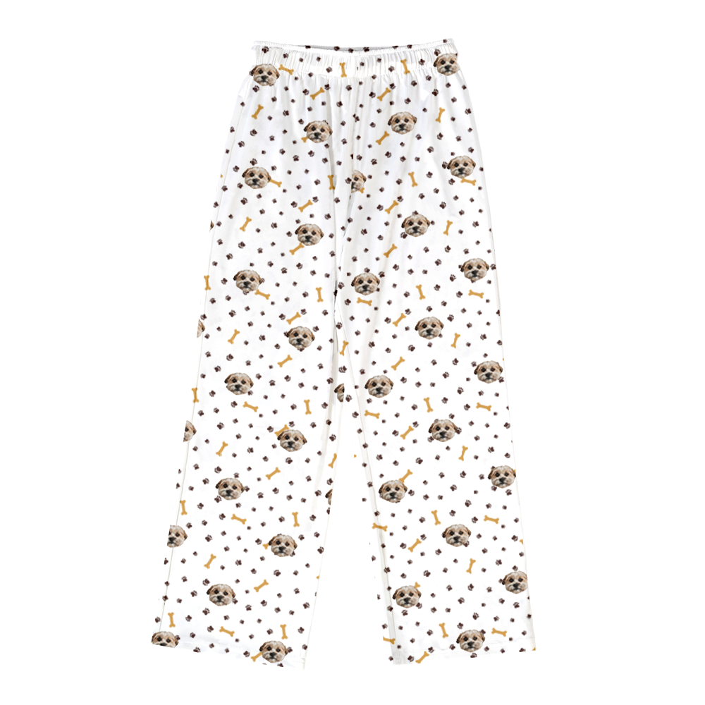 These are pajama pants in a white color with repeating pet faces on them[PajamaPants]