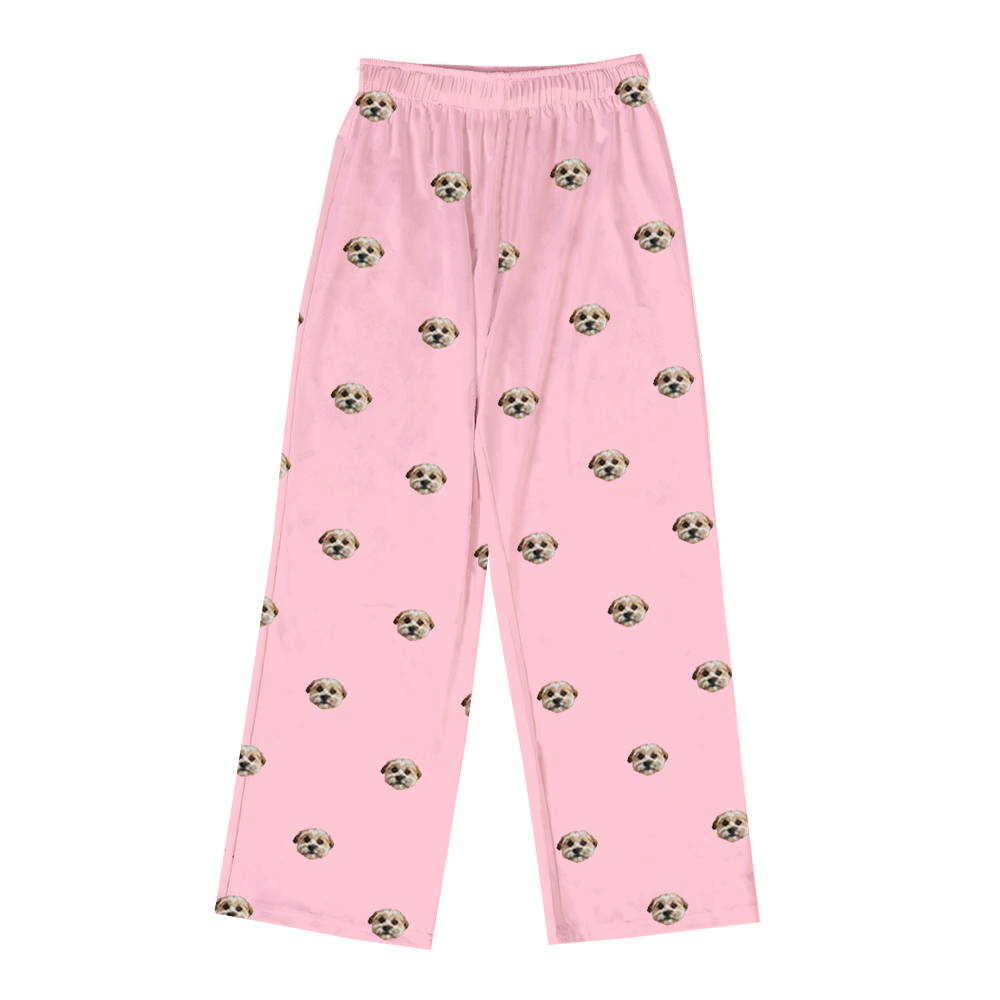These are pajama pants in a pink color with repeating pet faces on them[PinkDreamPajamaPants($53.00)]