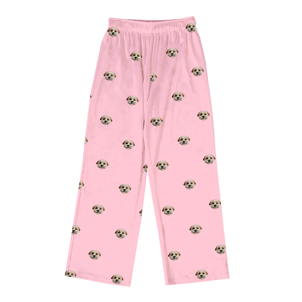 These are pajama pants in a pink color with repeating pet faces on them[PajamaPants($53.00)]