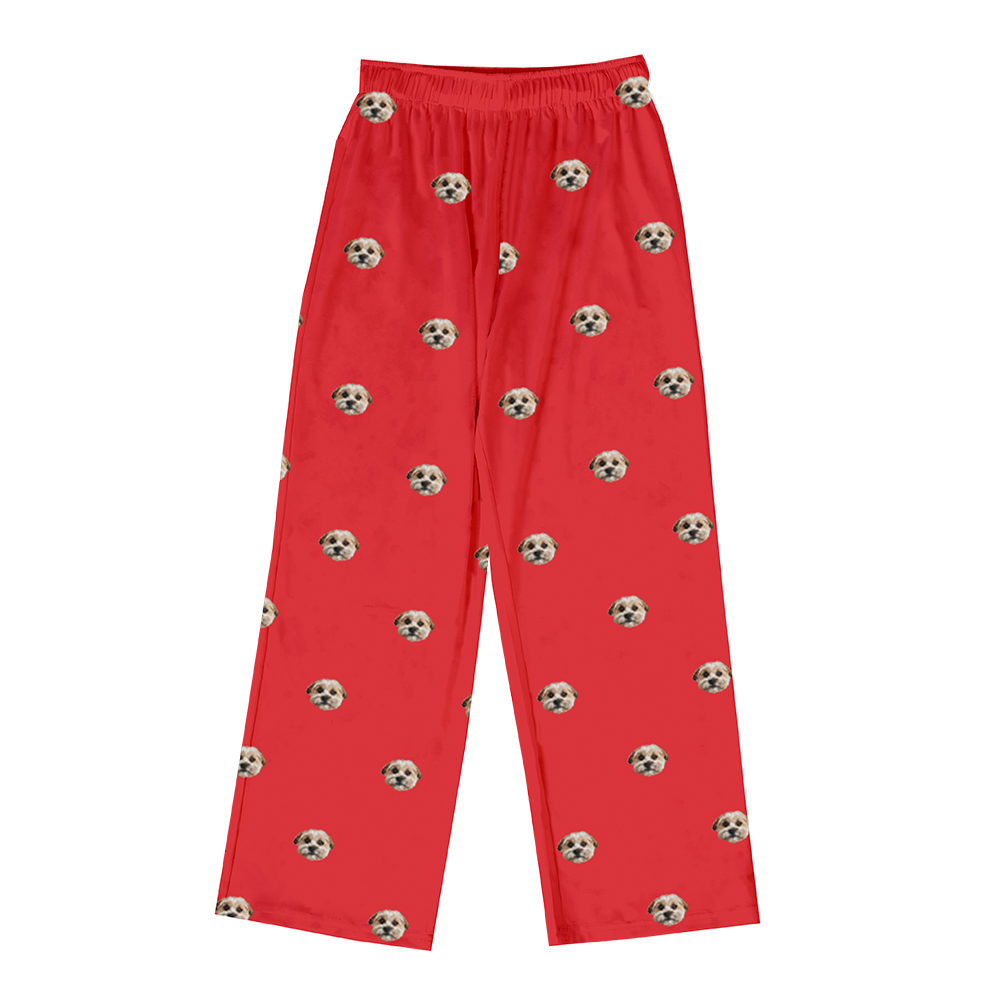 These are pajama pants in a red color with repeating pet faces on them[SolidRedPajamaPants($53.00)]